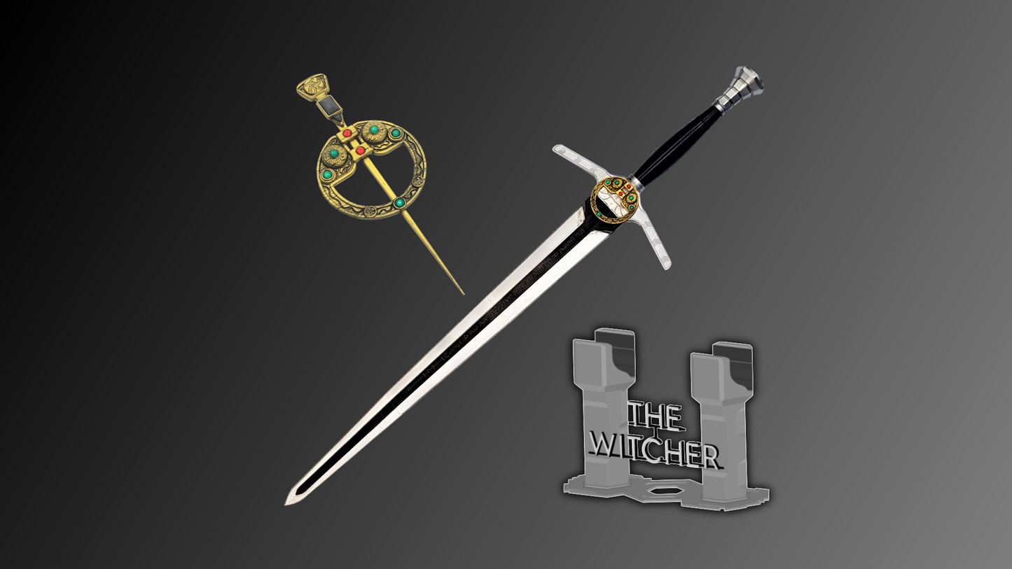 The Witcher Updated Steel Sword With Renfri's Brooch Add-on | Witcher Themed Display Plinth Available | Netflix | By Collins Creations 3D